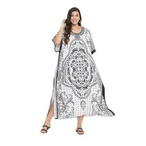 Gypsie Blu Kaftan Maxi Dress Black‎ White Flowy Knit Kimono Sleeves OS